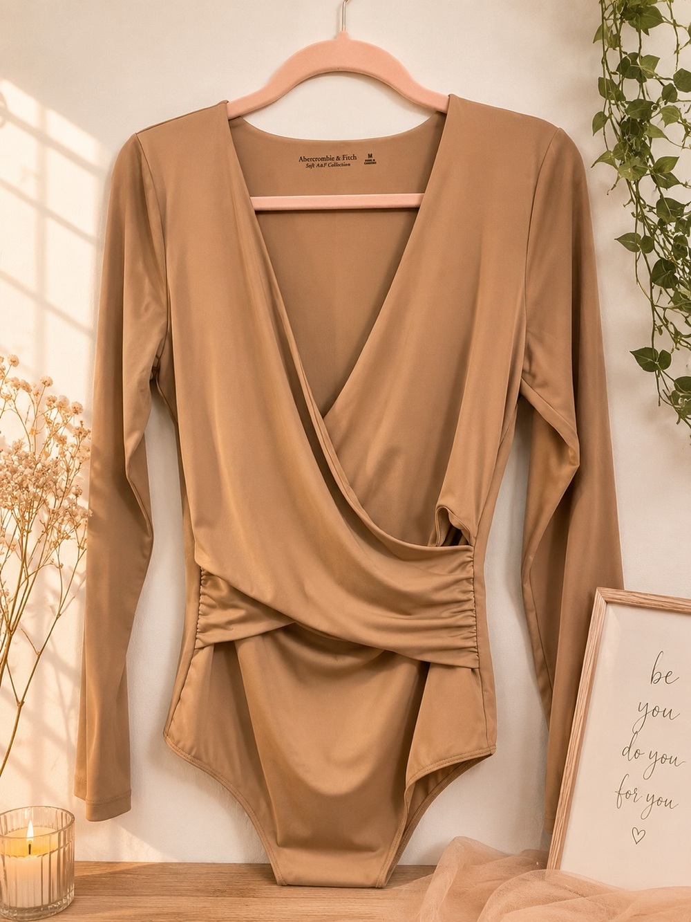 Abercrombie & Fitch Soft AF CollectionWrap-Front Long Sleeve Bodysuit - Camel